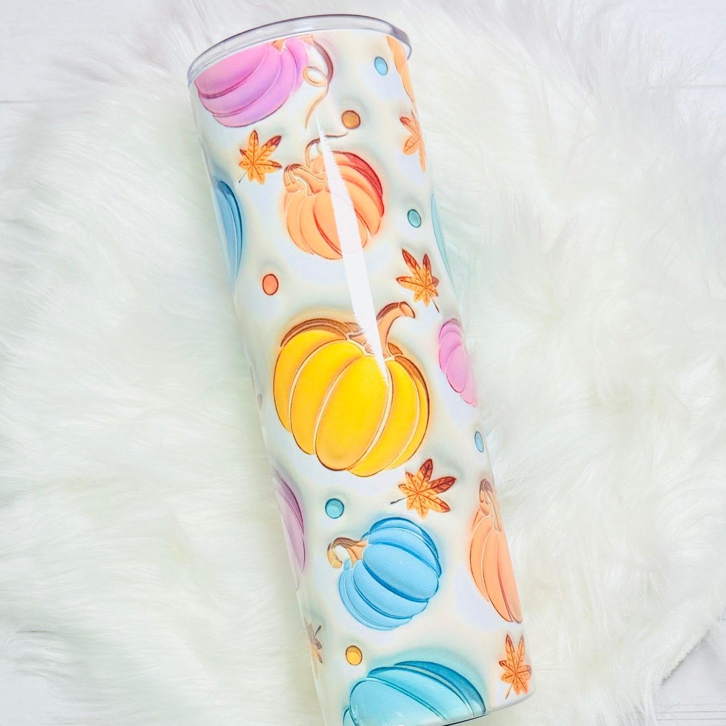 30oz Stainless Steel Sublimated Tumbler – 3D Pumpkin Full Wrap in Blue, Orange, Yellow & Pink