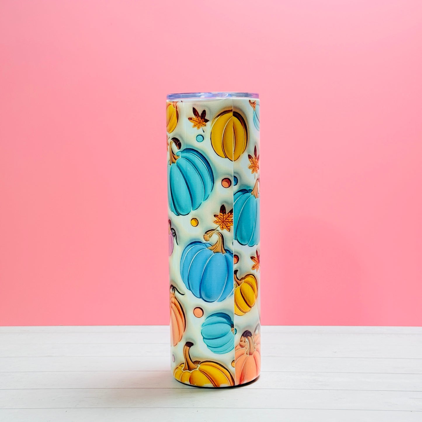 30oz Stainless Steel Sublimated Tumbler – 3D Pumpkin Full Wrap in Blue, Orange, Yellow & Pink