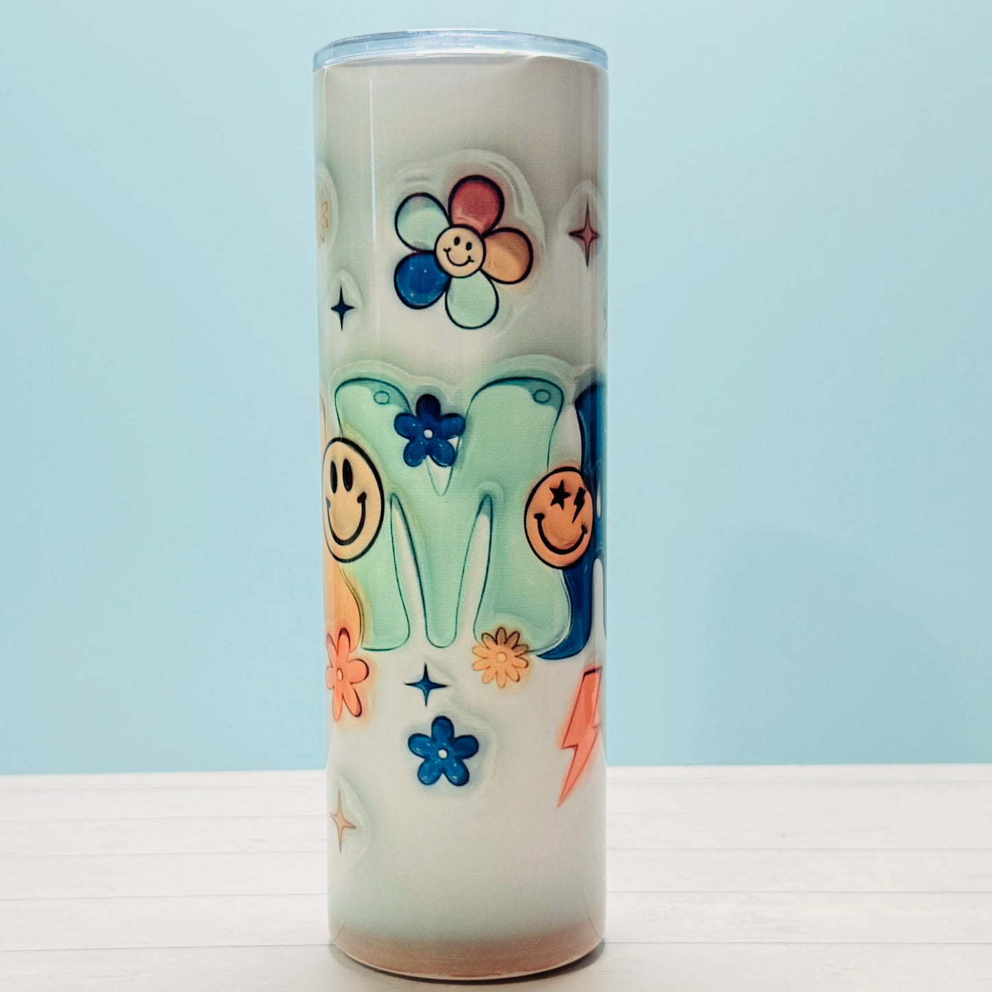 30oz Stainless Steel Sublimated MAMA Tumbler with Retro Smiley Faces, Flowers & Stars