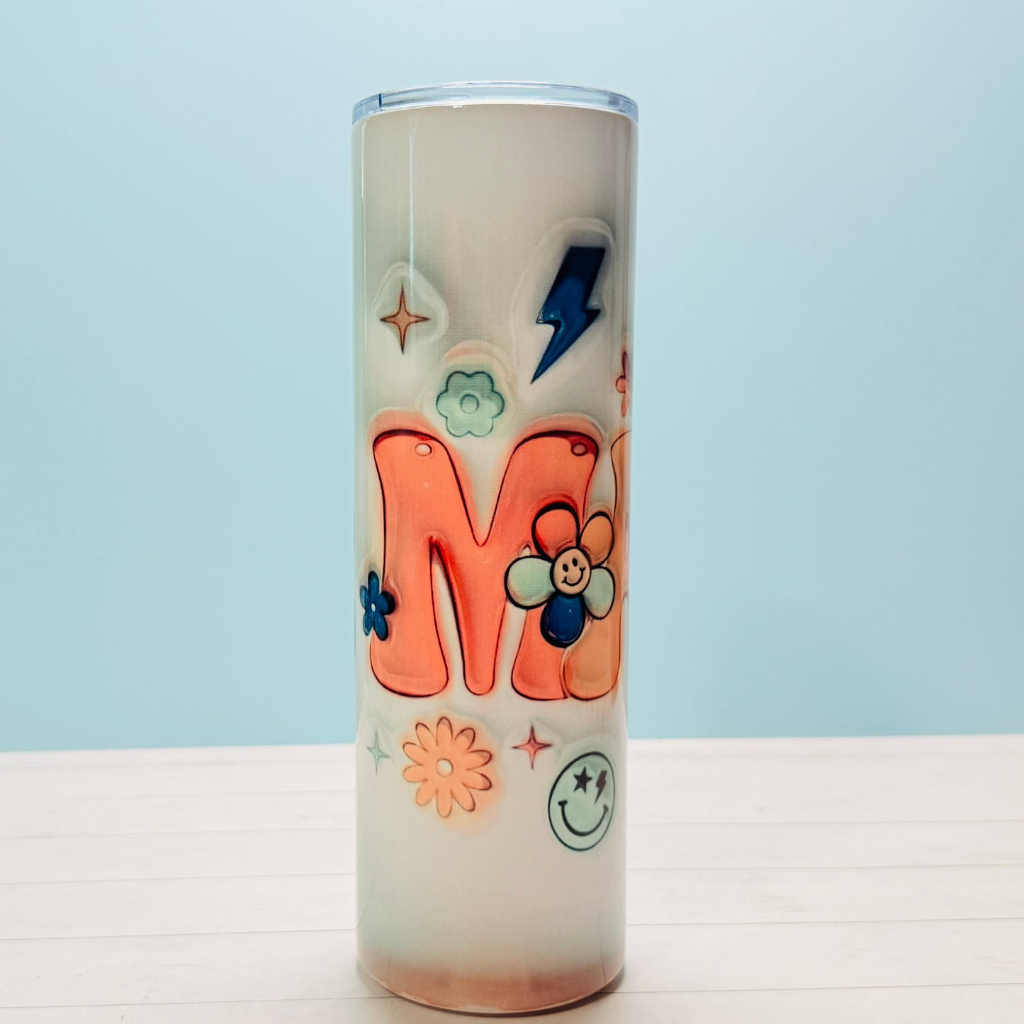 30oz Stainless Steel Sublimated MAMA Tumbler with Retro Smiley Faces, Flowers & Stars