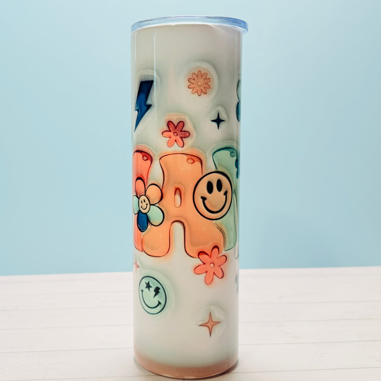 30oz Stainless Steel Sublimated MAMA Tumbler with Retro Smiley Faces, Flowers & Stars