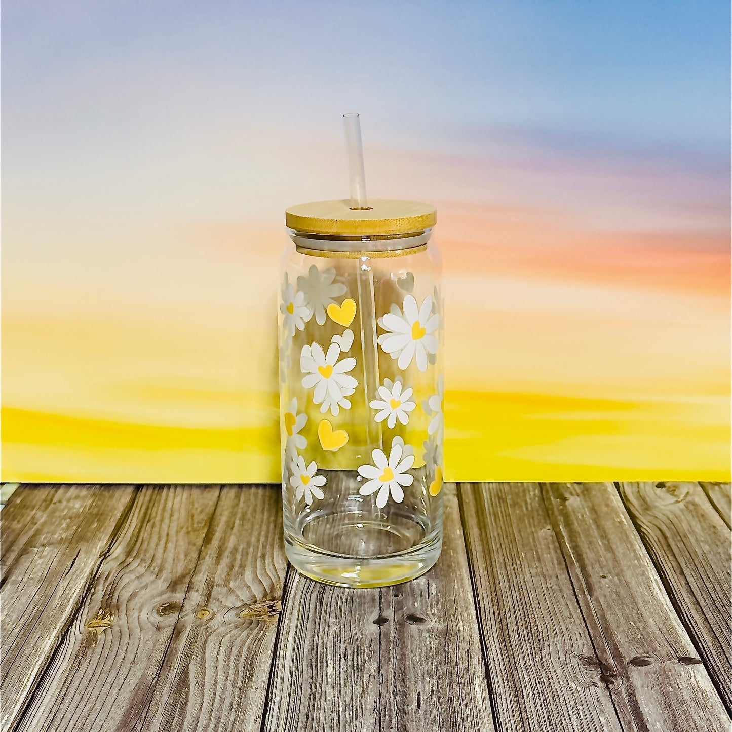 β¨ 20oz Glass Beer Can Tumbler β White Flowers with Yellow Hearts β¨