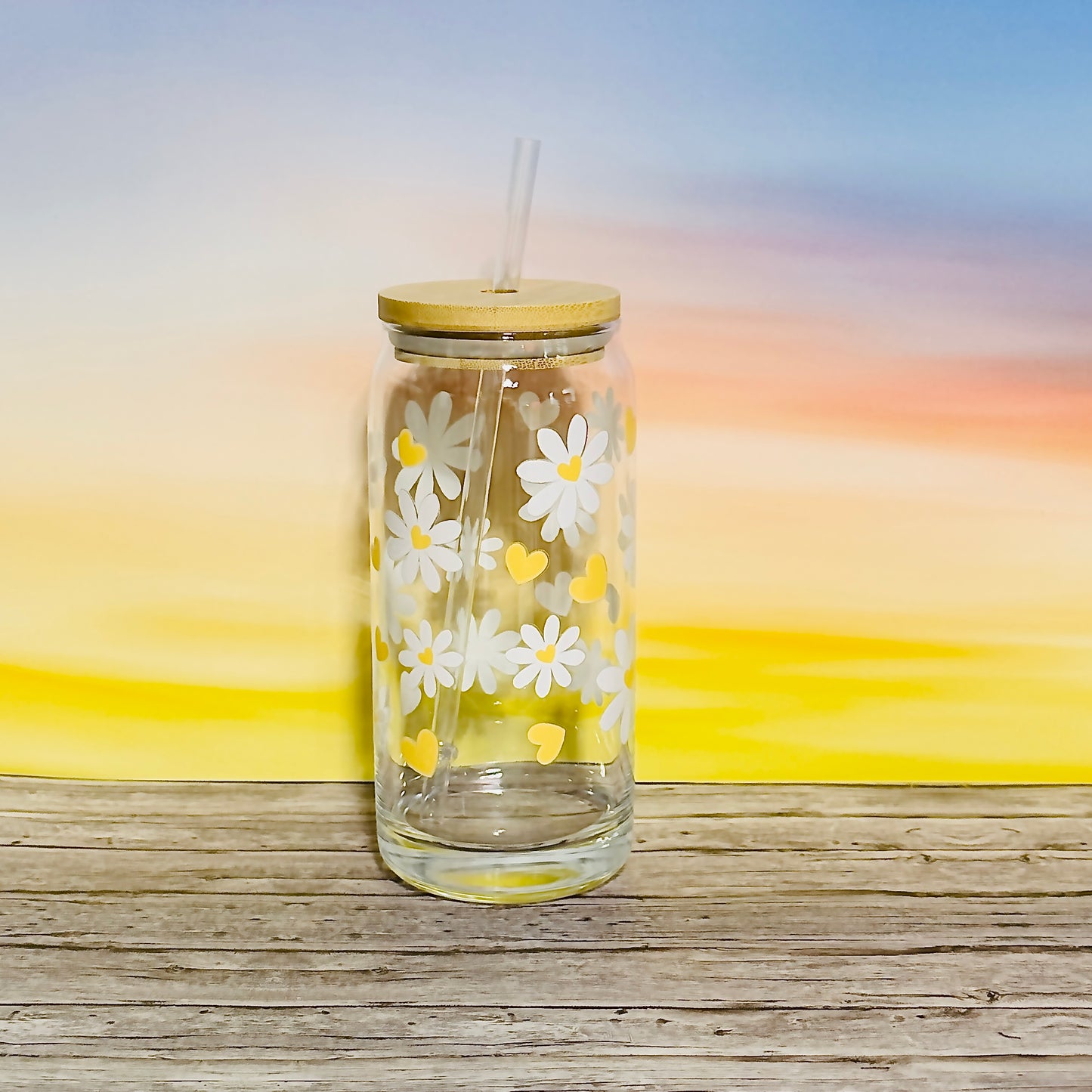 β¨ 20oz Glass Beer Can Tumbler β White Flowers with Yellow Hearts β¨
