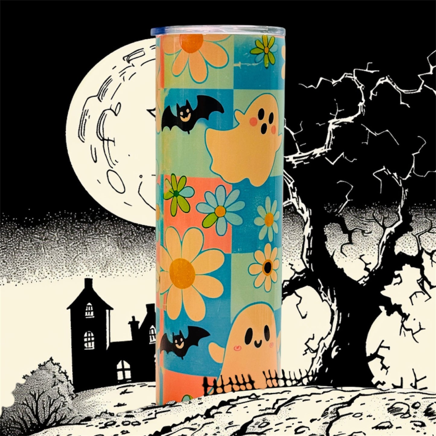 π» 30oz Sublimated Tumbler β Ghosts, Bats & Daisies Design
