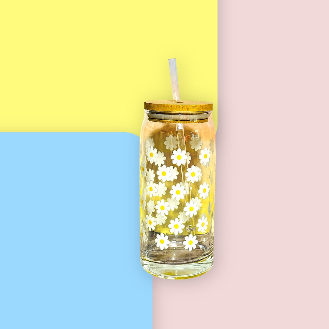 πΌ 20oz Glass Beer Can Tumbler β White Florals with Yellow Centers πΌ