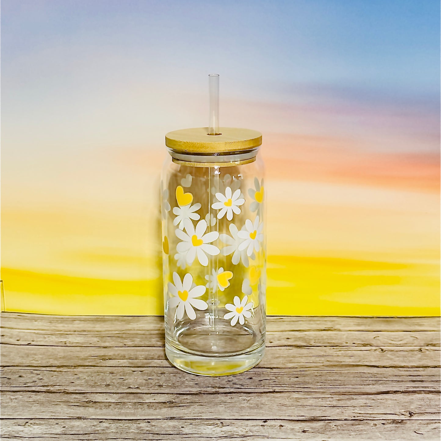 ✨ 20oz Glass Beer Can Tumbler – White Flowers with Yellow Hearts ✨